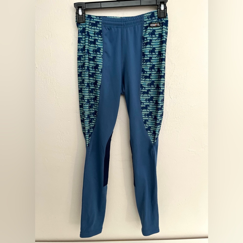 Kerrits youth/kid’s blue knee patch riding tights. Summer equestrian.
